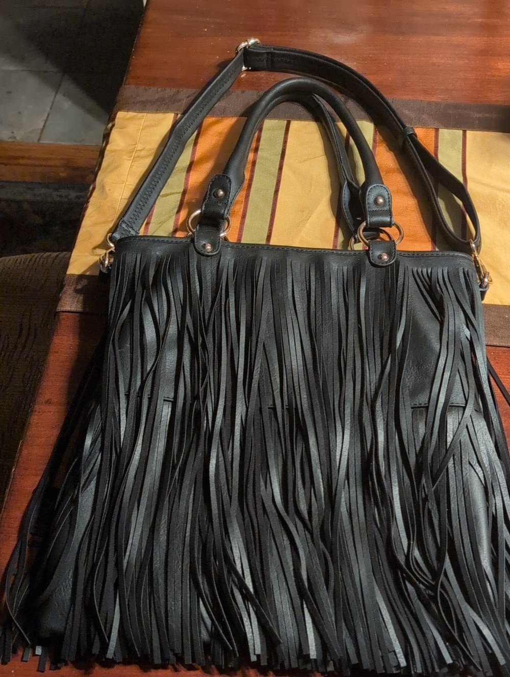 Fashion Forward Black Fringe Tote Bag Vegan Unbranded 15" Wide 16.5 Long